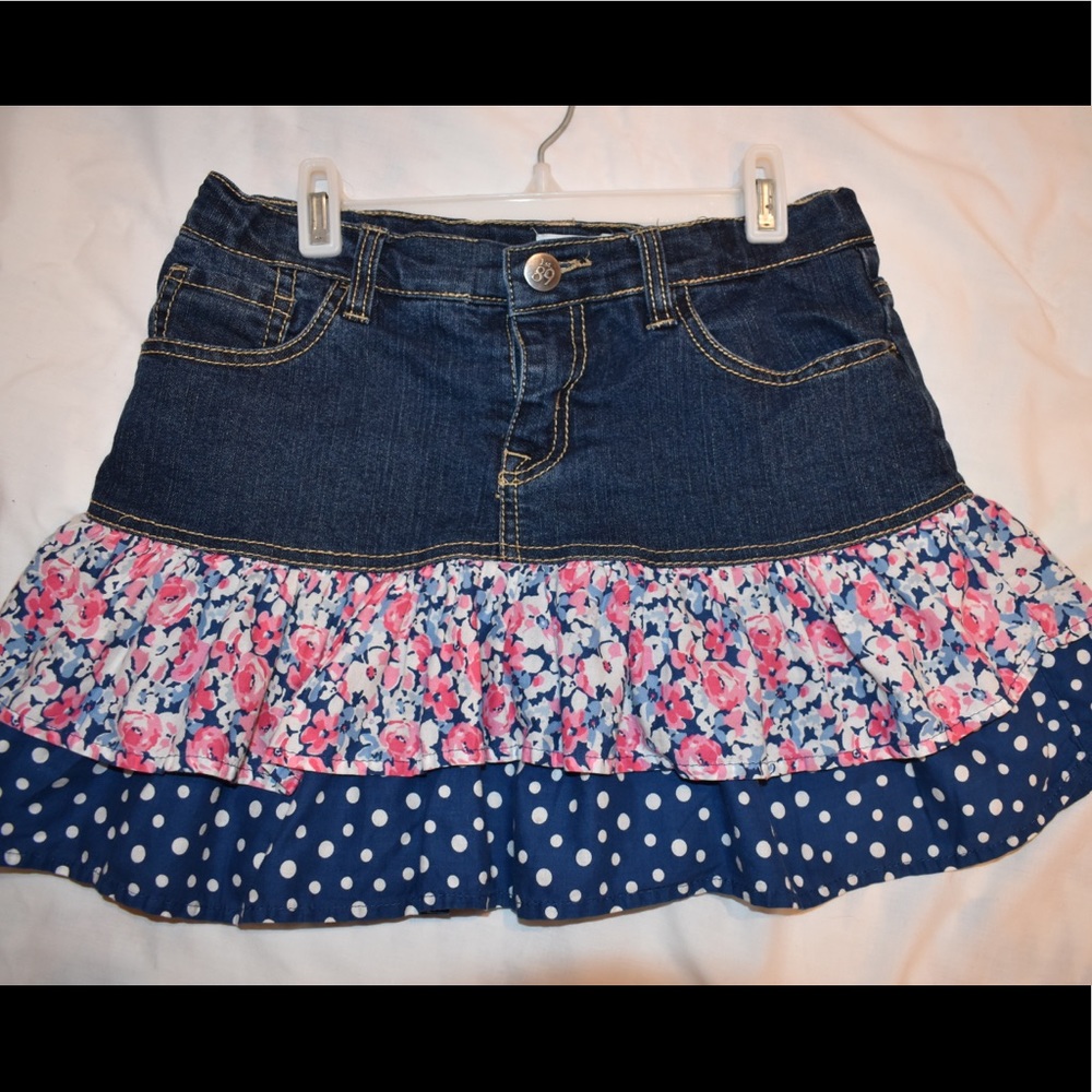 The Children's Place TCP Tiered Denim Ruffle Skirt Navy Pink Floral Polk…